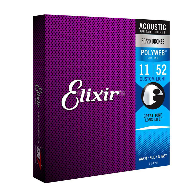 สายกีตาร์โปร่ง Elixir .011-.052 Custom Light #11025 Strings Polyweb 80/20 Bronze Acoustic Guitar Strings