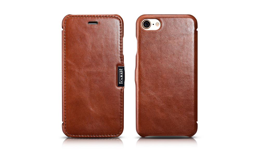 เคสหนัง iPhone 7 แบรนด์ iCarer รุ่น 702 ออกแบบการใช้งานแบบเปิดข้าง พร้อมระบบแม่เหล็กช่วยในการปิด/เปิด, ทำจาก หนังวัว ส่วนหนังเต็มผืน (Full Grain leather)