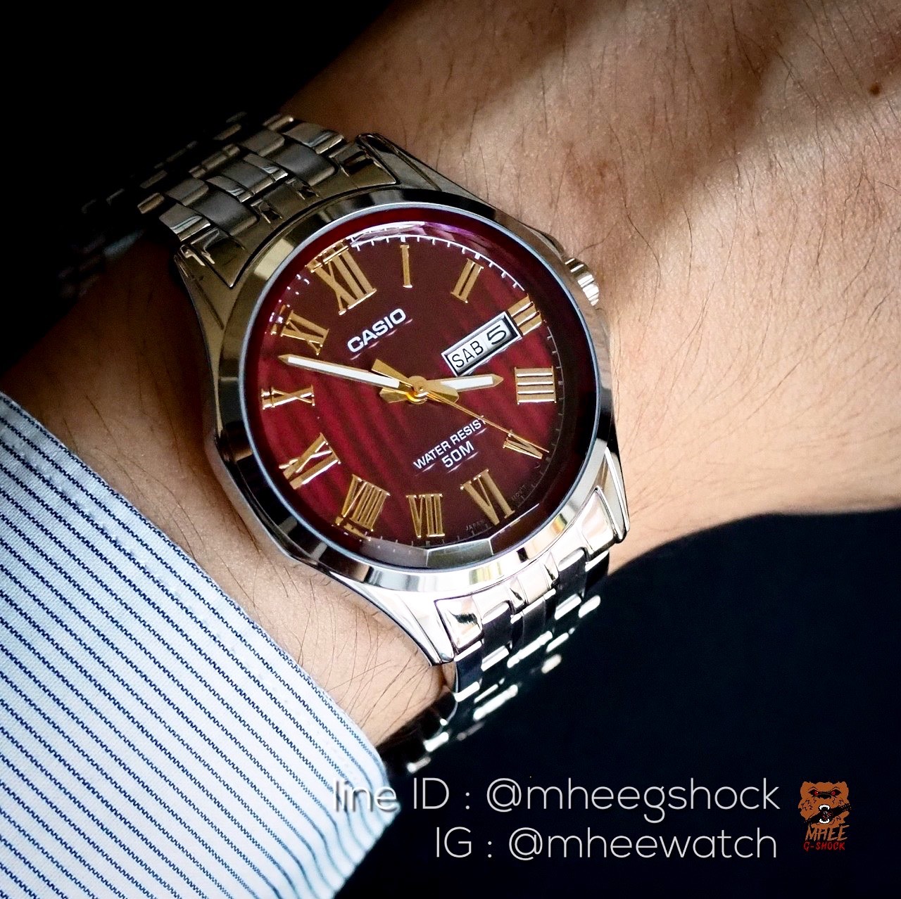 Casio Stainless สีRed Wine เลขโรมันหลักทอง