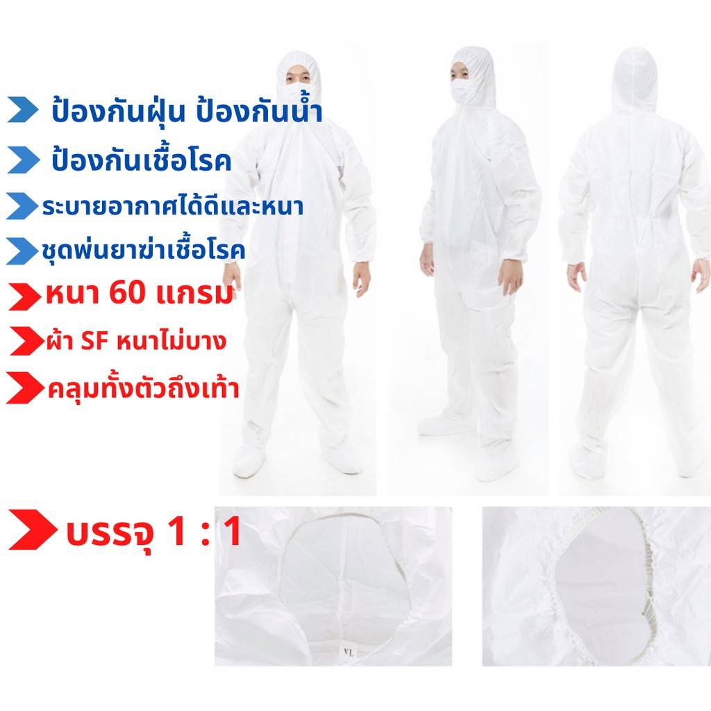 ชุดหมีสปันปอนด์ ความหนา 60 แกรม ป้องกันเชื้อโรค ฝุ่น และละอองน้ำ เหมาะสำหรับใช้ที่โรงพยาบาล, สถานพยาบาล, คลินิก, และหน่วยงานราชการได้