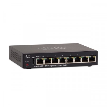 Cisco SG250-08HP Switch PoE 8-Port Gigabit Smart Managed, 1-Port USB, Total Budget 45W, Spanning Tree/Link Aggregation/VLAN Support