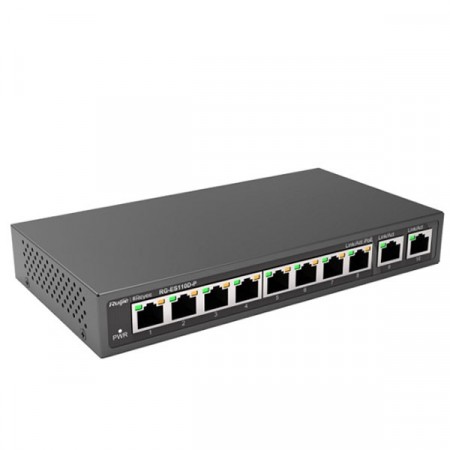 Reyee RG-ES110D-P 8-Port 100Mbps + 2 Uplink Port 1000Mbps, 8 of the ports support PoE/PoE+, Power Budget 110W, Unmanaged Switch, Desktop