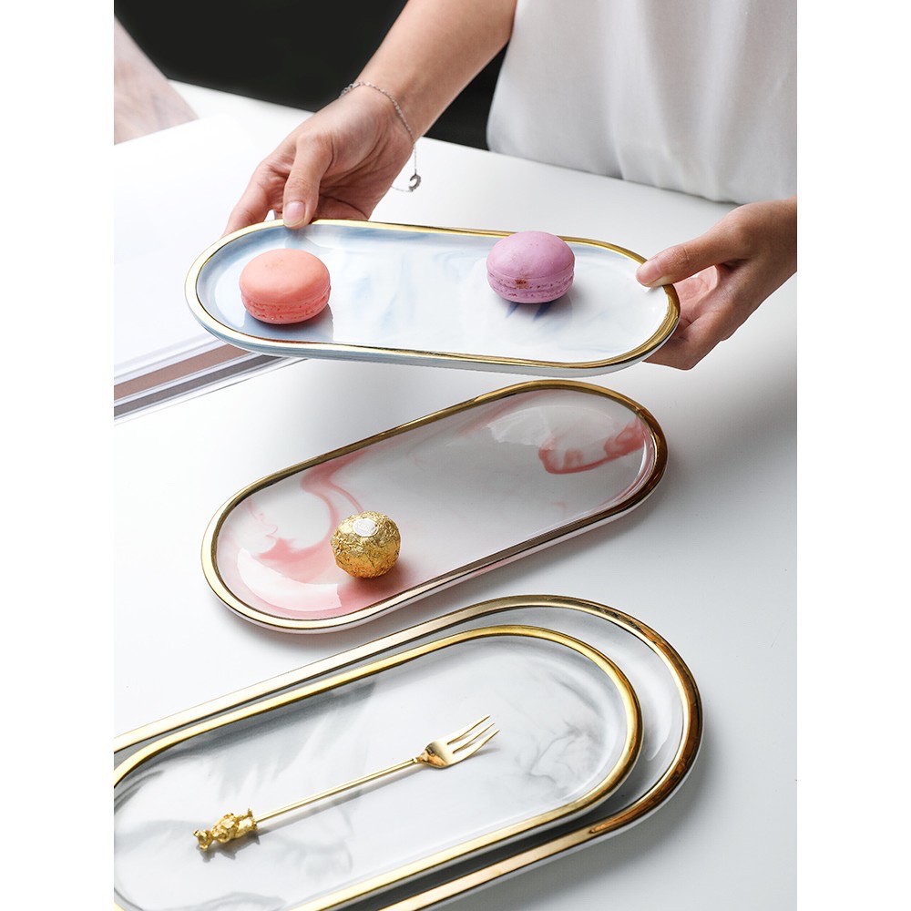 TS061D029 HOMMY ถาดวาดของ ถาดใส่อาหาร ถาดลายหินอ่อน ลายหินอ่อน ถาดขอบทอง ถาดลายหินอ่อนแบบวงรียาว