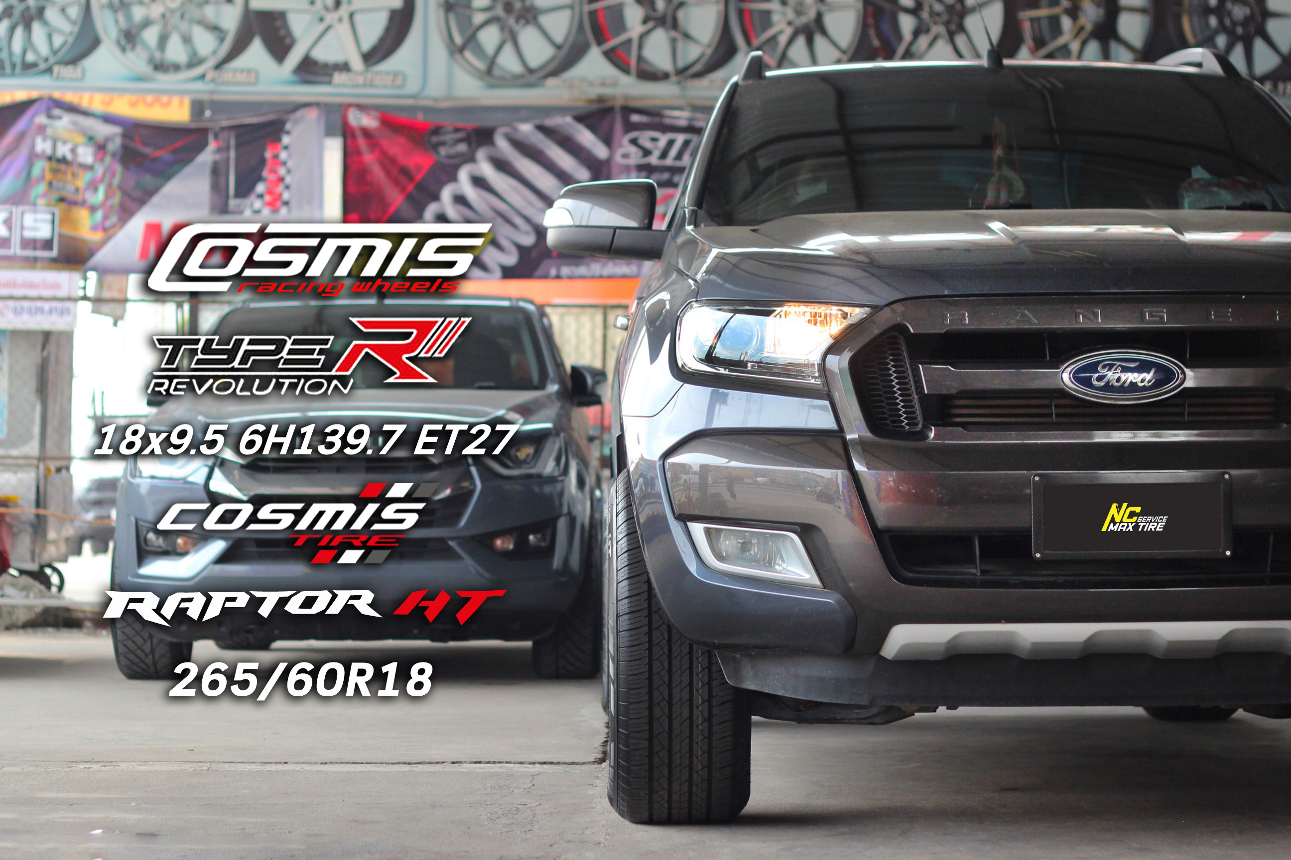Ford Ranger / ล้อแม็กขอบ18 / Cosmis / Type-R / Revolution / 18x9.5 6H139.7 ET27 / ล้อแม็กสีดำเงาทั้งวง+มิลลิ่งข้างก้านแดง+เพลท / Raptor HT / 265/60R18