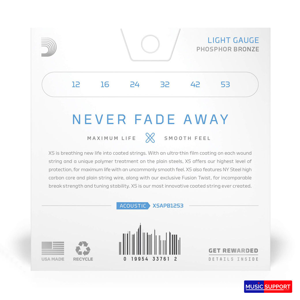 สายกีตาร์โปร่งเคลือบกันสนิม D'Addario XSAPB1253 12-53 Light, XS Coated Phosphor Bronze