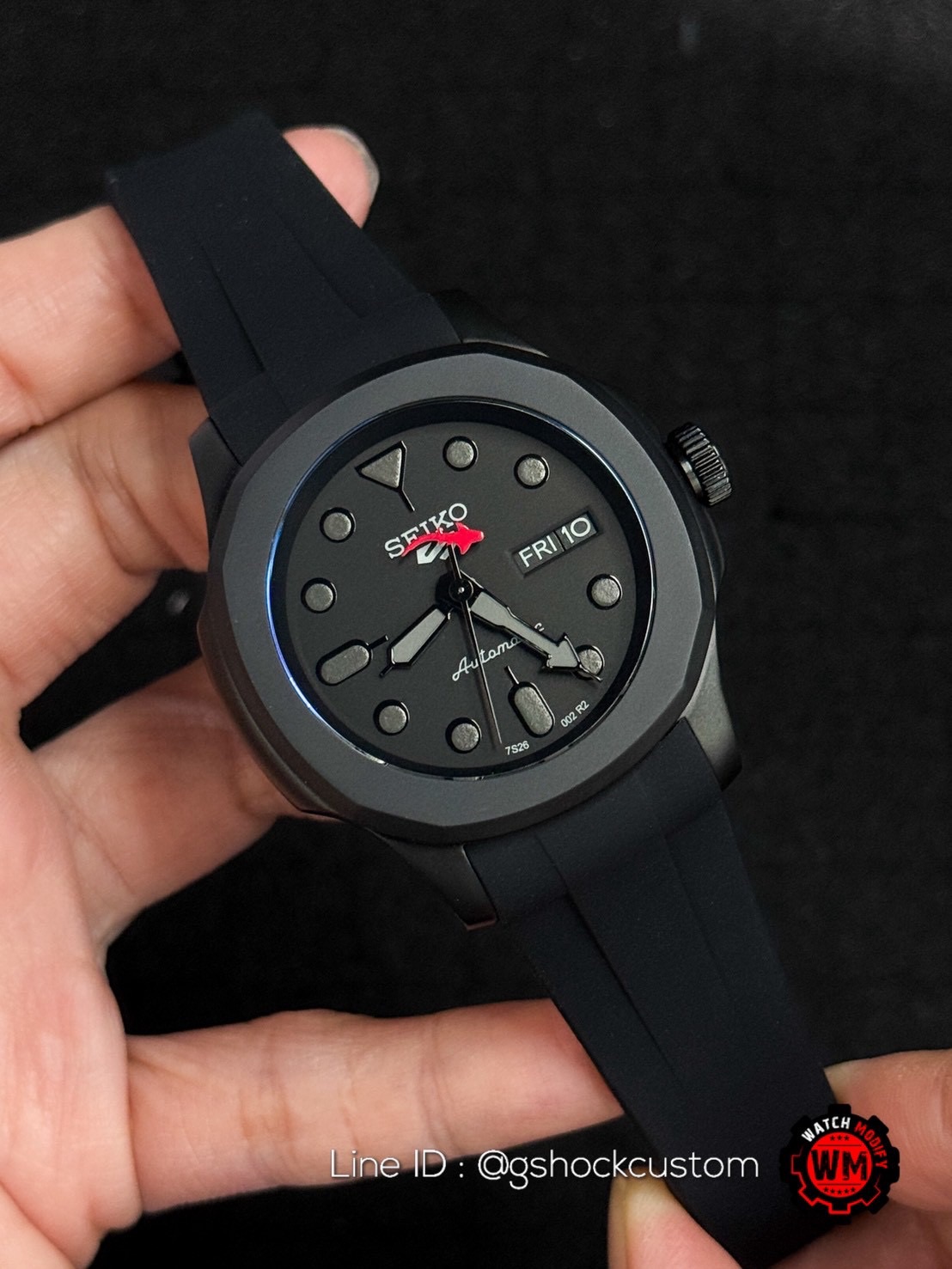 Seikomod Black PVD Steel Red Shark Rubber Strap