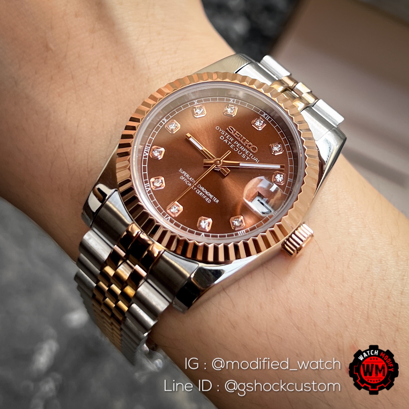 Seikomod Rosegold Date Two-tone classic Brown Dial Lux 31mm., 36mm. with Diamond Hour