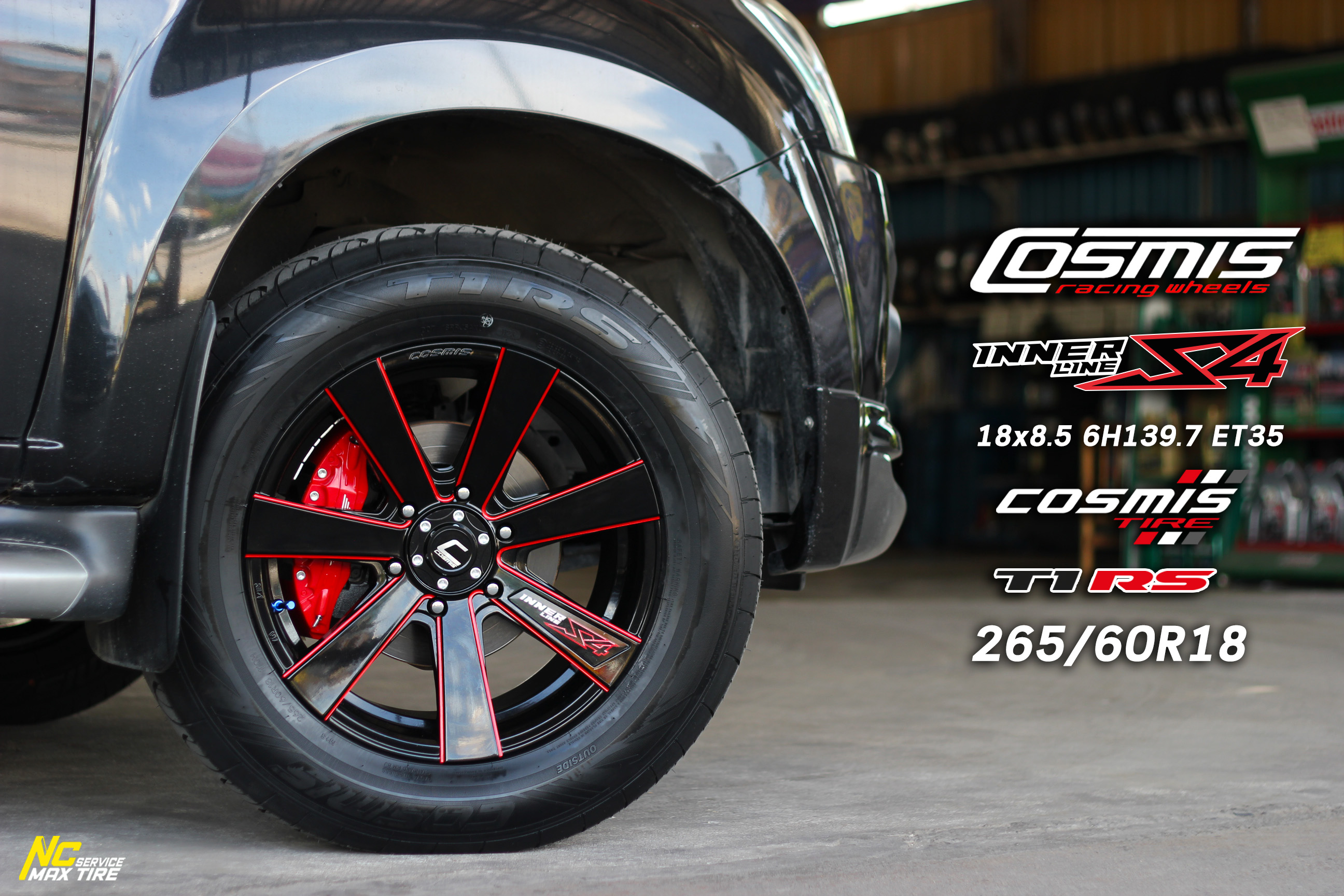 Isuzu D-max ตัวสูง / ล้อแม็กขอบ18 / Cosmis / InnerlineS4 / ล้อแม็ก7ก้านทรงใบพัด / ล้อแม็กสีดำCNCข้างก้านแดง / 18x8.5 6H139.7 ET35