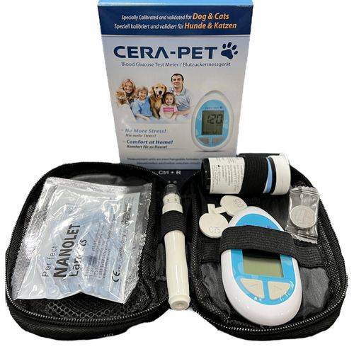 เครื่องตรวจวัดระดับน้ำตาลในเลือดของสัตว์ Cera-Pet ให้ผลการตรวจที่ถูกต้องและแม่นยำ ใช้งานง่าย สามารถตรวจสัตว์เลี้ยงเองได้ที่บ้าน ใช้เลือดน้อยมากเพียง 0.5 ไมโครลิตร ทราบผลภายใน 5 วินาที แผ่นตรวจทำมาจากทองคำแท้ (Gold Electrode) ช่วงในการตรวจรองรับได้สูง 10-9