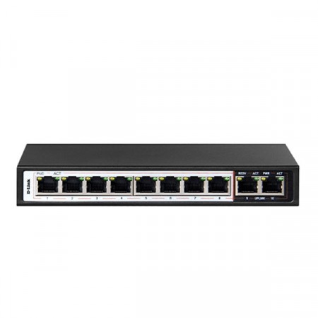D-Link DES-F1010P-E 10-Port Fast Ethernet Desktop Switch with 8 Port PoE+ 96 W PoE budget and 2 Uplink Ports, Metal Case