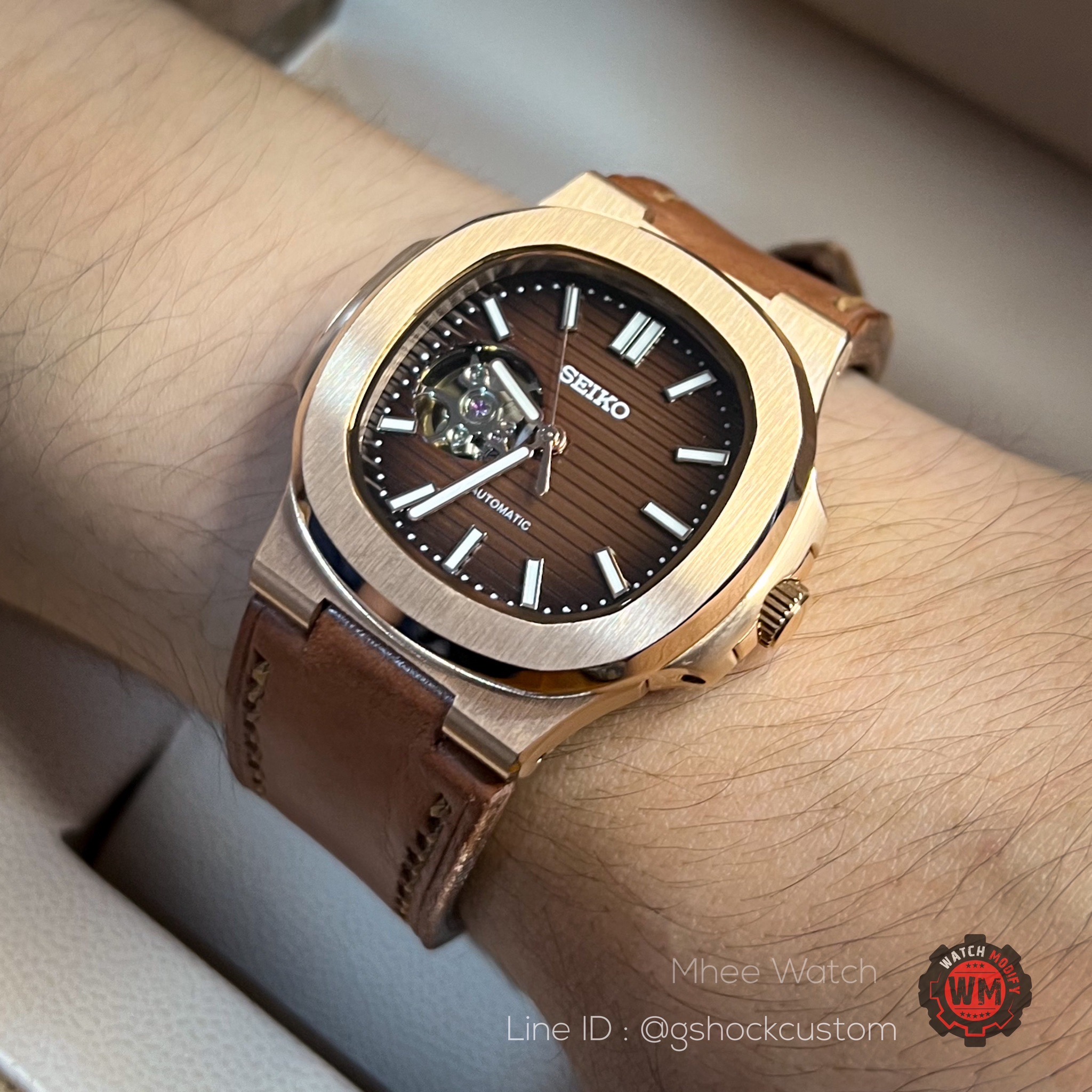 SeikoMod Open Heart Nautilus Design Rosegold Waffle Dial Leather Brown Strap