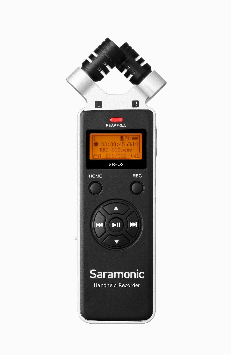 Saramonic SR-Q2M เครื่องบันทึกเสียงแบบพกพาพร้อมไมโครโฟน Stereo รูปแบบ X / Y ในตัว มีช่อง Line Out แบบ 3.5 เพื่อบันทึกผ่านกล้องหรือโทรศัพท์มือถือ และอุปกรณ์อื่นๆ (ต่างจาก SR-Q2 เรื่อง วัสดุตัวเครื่องทำจาก อลูมิเนียม และมี Remote Control กับ Lavalier Microp