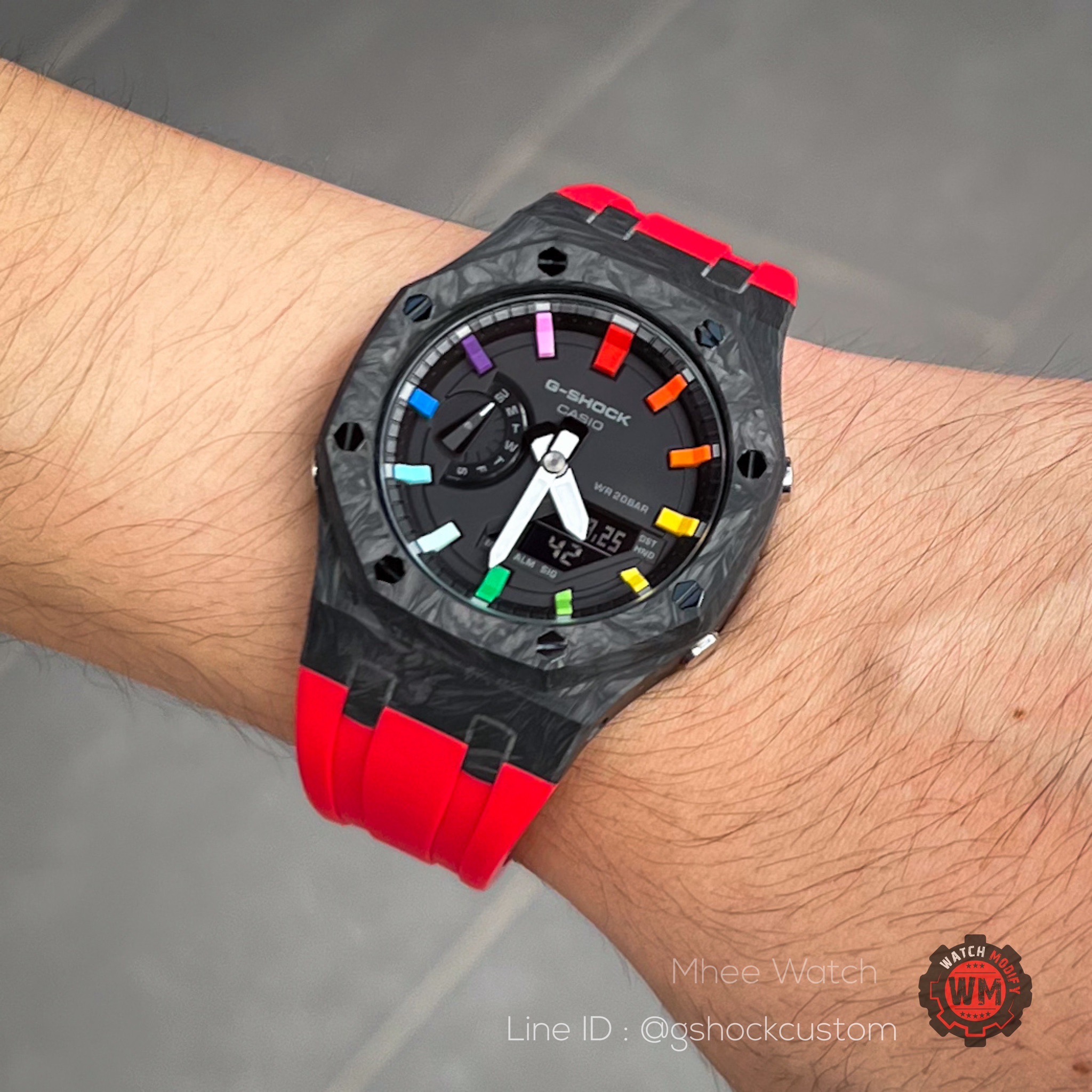 G-Shock Casioak Special Case Carbon Fiber with Rainbow Hour Markers Red Rubber Strap
