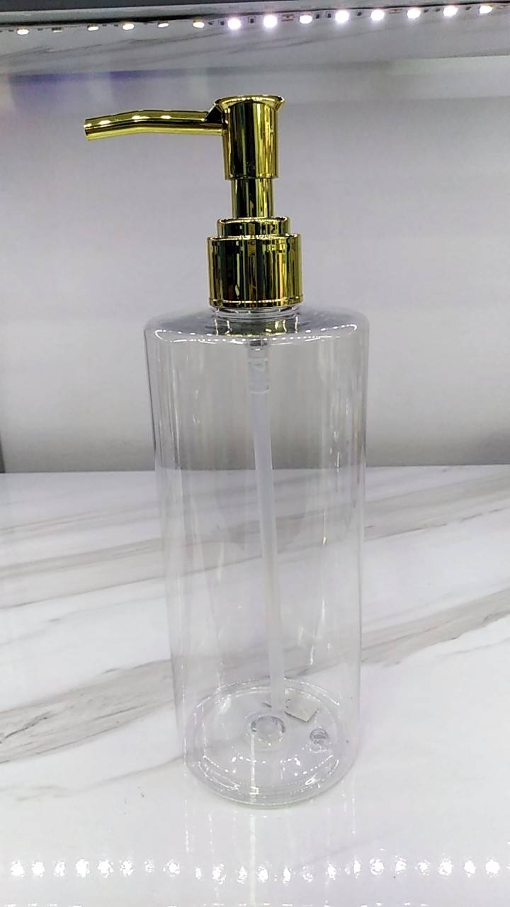 ขวดพลาสติกใสทรงกระบอก 500ml + ปั้มชุบทองเงาพรีเยี่ยม คอ24