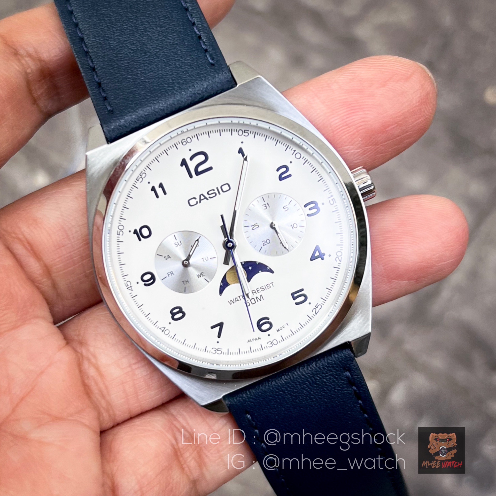 Casio Chronograph Moon Phase White Dial Navy Blue Leather Strap