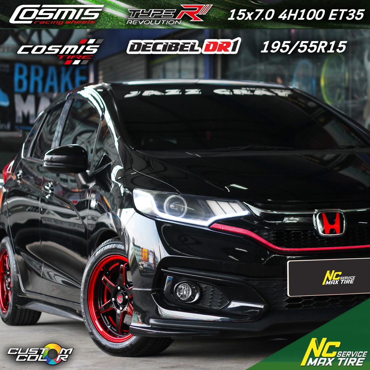 Honda Jazz / ล้อแม็กขอบ15 / Cosmis / Type-R / Revolution / 15x7.0 4H100 ET35 / ล้อแม็กสีดำเงา+CNCข้างก้านแดง+ขอบแดง+เพลท / Decibel / DR1 / 195/55R15 / Custom Color
