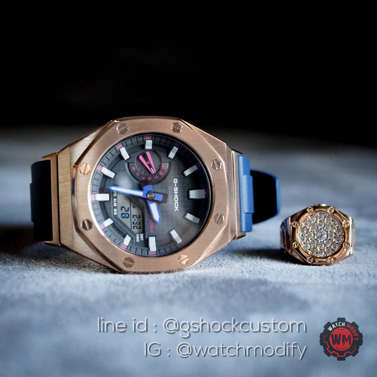 Casioak GA-2100THB-7A AP Metal สาย Sport Rubber Butterfly Blue Navy Rosegold