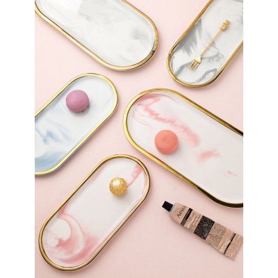 TS061D029 HOMMY ถาดวาดของ ถาดใส่อาหาร ถาดลายหินอ่อน ลายหินอ่อน ถาดขอบทอง ถาดลายหินอ่อนแบบวงรียาว