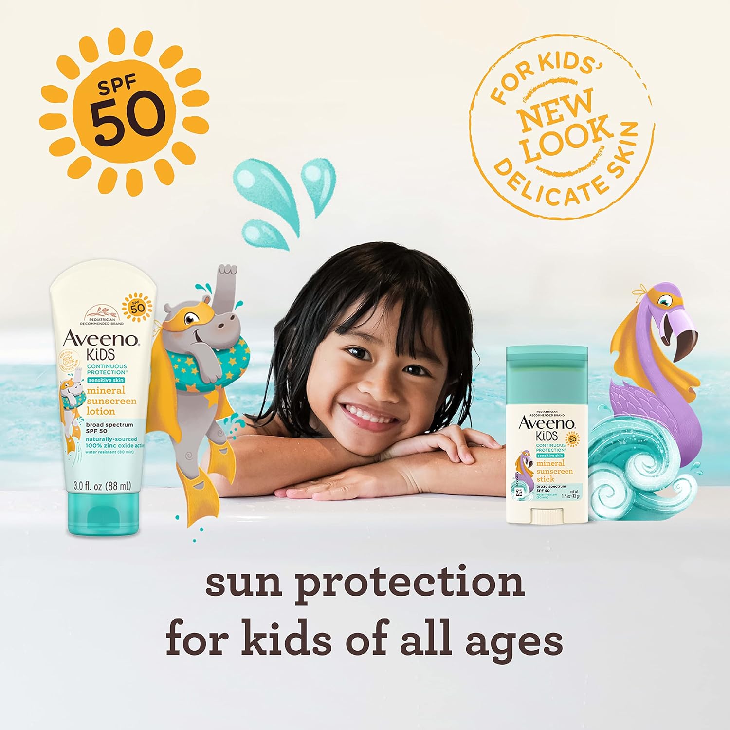 Aveeno Kids Continuous Protection Mineral Sunscreen Lotion for Sensitive Skin SPF 50 โลชั่นกันแดดสำหรับผิวแพ้ง่าย