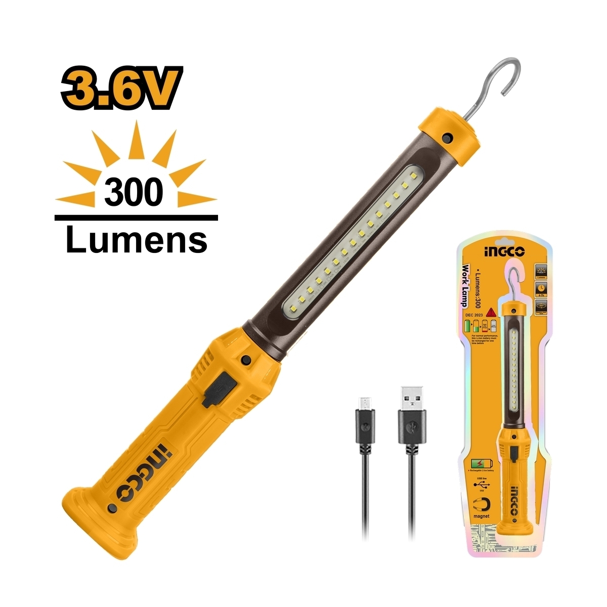 INGCO ไฟฉายพกพา Li-polymer รุ่น HWLI35261 ชาร์จไฟได้ กำลังไฟ 3.5 วัตต์ ความสว่างสูงสุด 300 ±10% ลูเมน (อิงโก้)