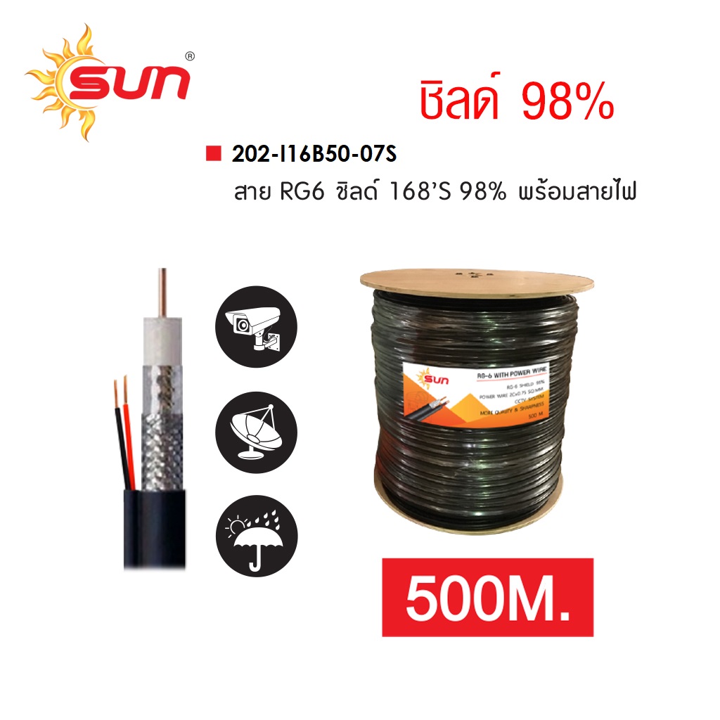 สาย RG6 /U 98% +POWER WIRE ขนาด 2x0.75 sq.mm.(DC) ยาว 500 เมตร SUN