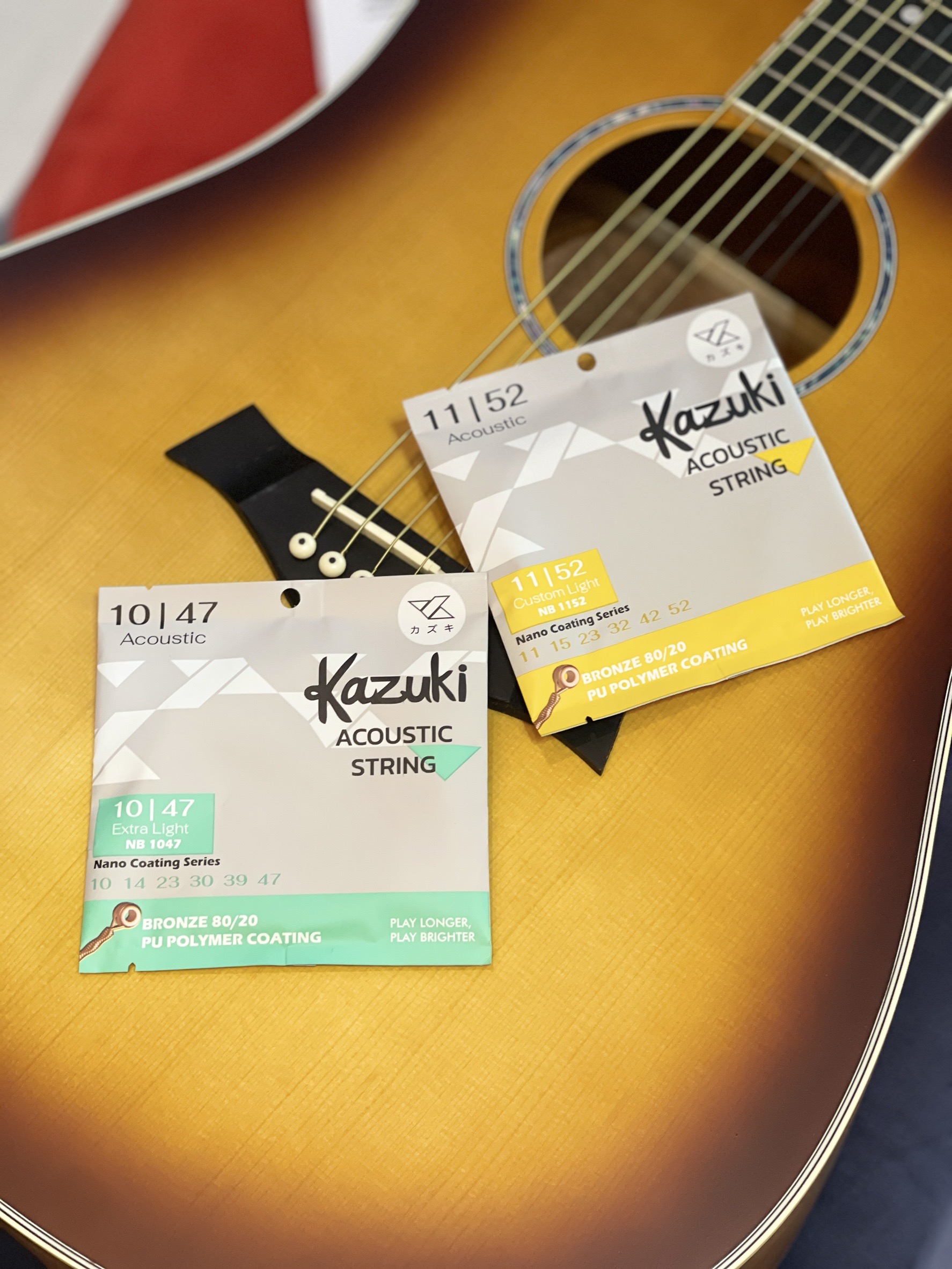 สายกีตาร์โปร่งครบชุด Kazuki Nano Coating Bronze 80/20 10-47 11-52 สายกีตาร์โปร่ง Kazuki เคลือบนาโน Acoustic Guitar Strings