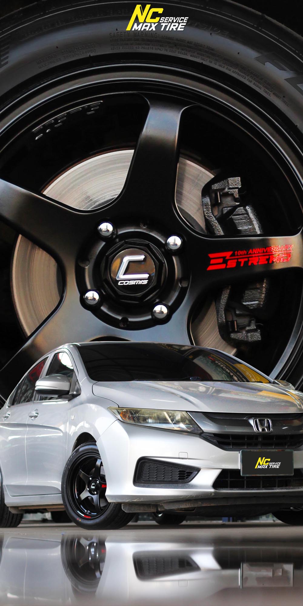 Honda City / ล้อแม็กขอบ15 / Cosmis / Estremo 10TH Anniversary / 15x7.0 4H100 ET35 / ล้อแม็กสีดำด้านทั้งวง+เพลท / ล้อแม็กสำหรับรถเก๋ง City Car , Eco Car / ล้อแม็กสวยๆ / NC