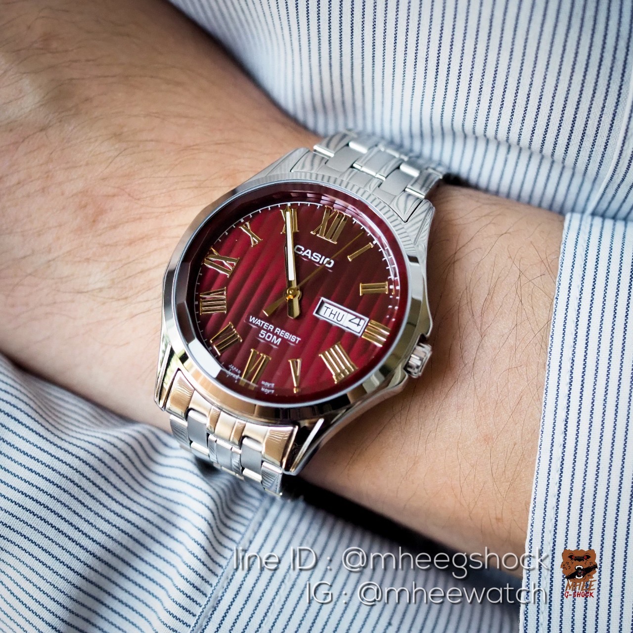 Casio Stainless สีRed Wine เลขโรมันหลักทอง