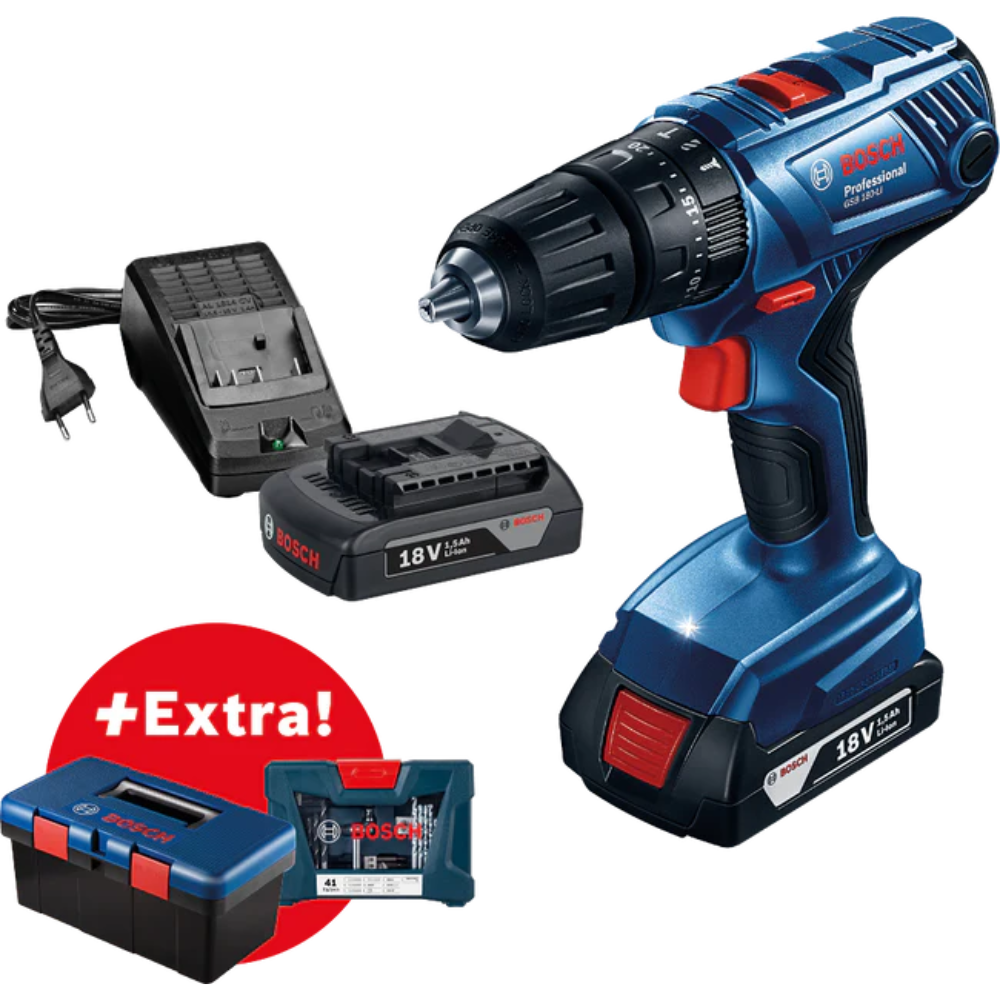 สว่านไขควงกระแทกไร้สาย BOSCH GSB 180-LI Professional + ชุดอุปกรณ์เสริม 41 ชิ้น พร้อมกล่องเครื่องมือ Bosch Tool Box