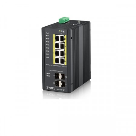 Zyxel RGS200-12P Industrial 12-port Gigabit Managed High Power PoE+ Rugged Switch 8-port Gigabit PoE+ 4-port Gigabit SFP จ่ายไฟได้สูงสุด 30 watt/port