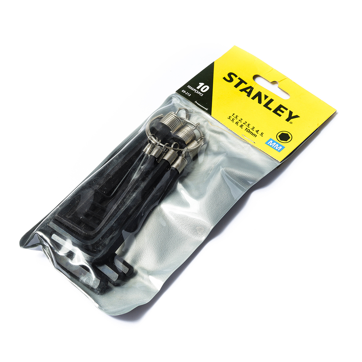 ชุดประแจแอล หัว 6 เหลี่ยม ก้านดำ แบบเข้าห่วง สแตนเล่ย์ (STANLEY) รุ่น 69-213 1 ชุด 10 ชิ้น ประกอบไปด้วยขนาด 1.5, 2, 2.5, 3, 4, 5, 5.5, 6, 8, 10 มม.
