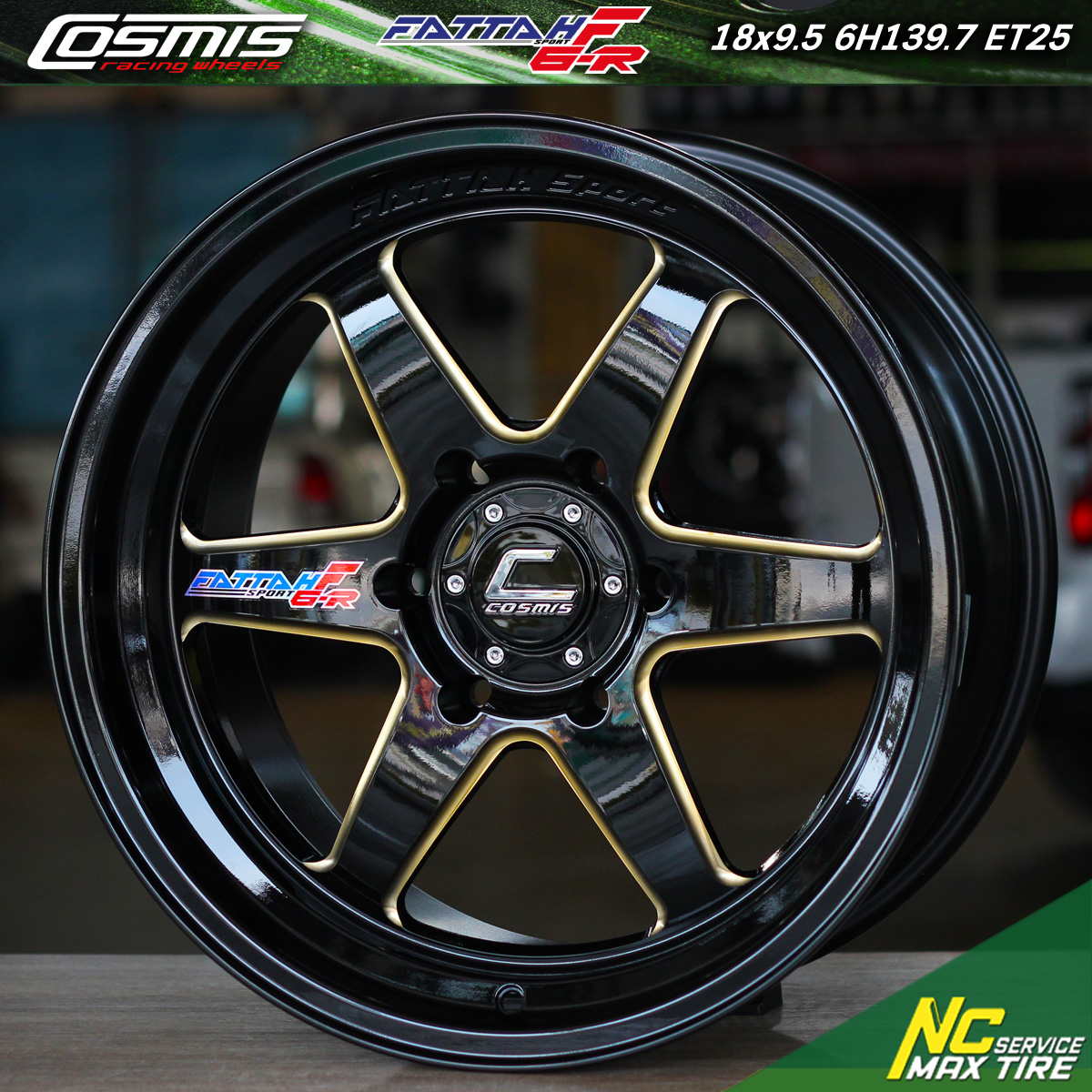 ล้อแม็กขอบ18 / Cosmis / FATTAH / SPORT / F6R / 18x9.5 6H139.7 ET25 / ล้อแม็กสีดำเงาทั้งวง+CNCข้างก้านไดร์ทอง+เพลท