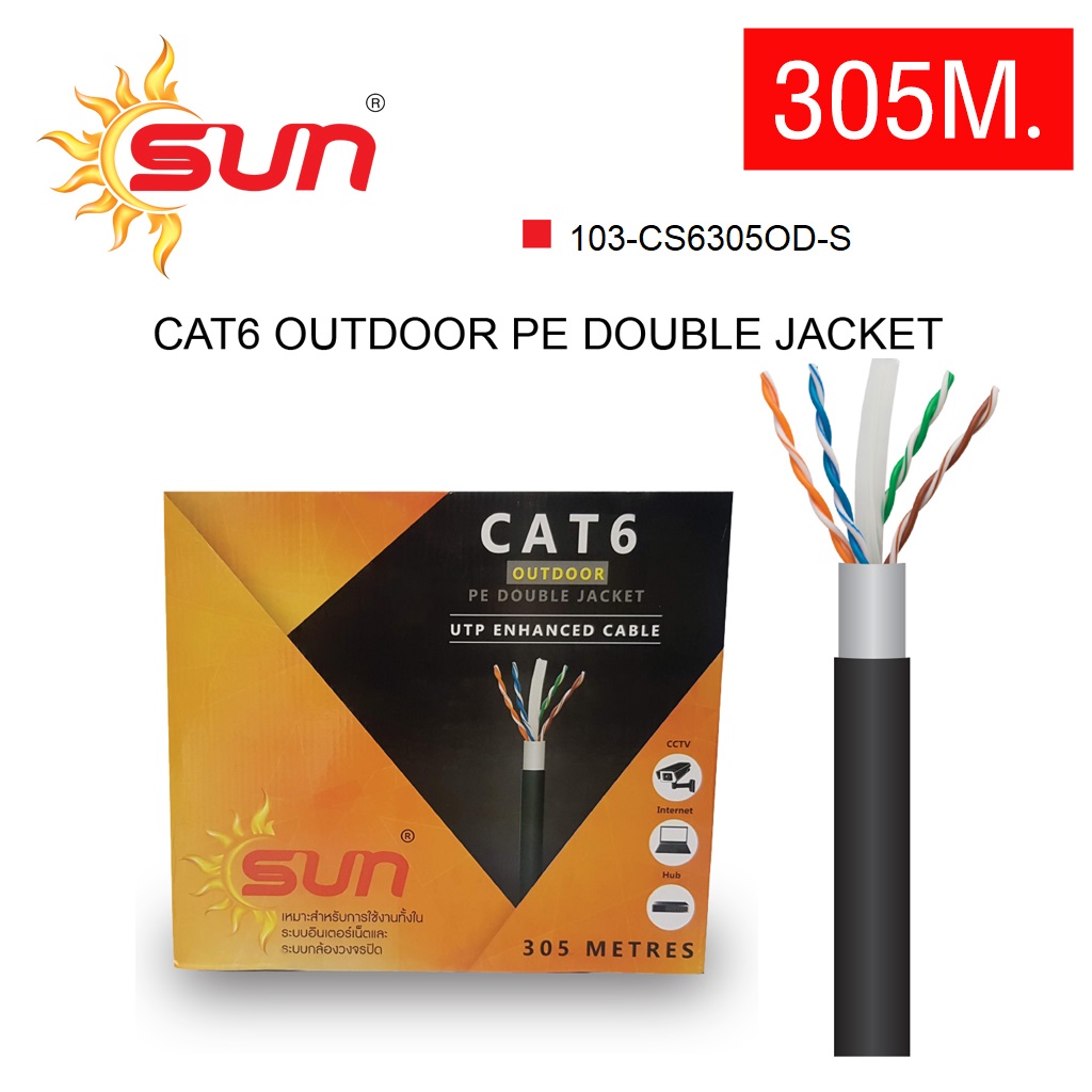 สาย LAN CAT6 OUTDOOR ยาว 305 เมตร สีดำ Double Jacket SUN