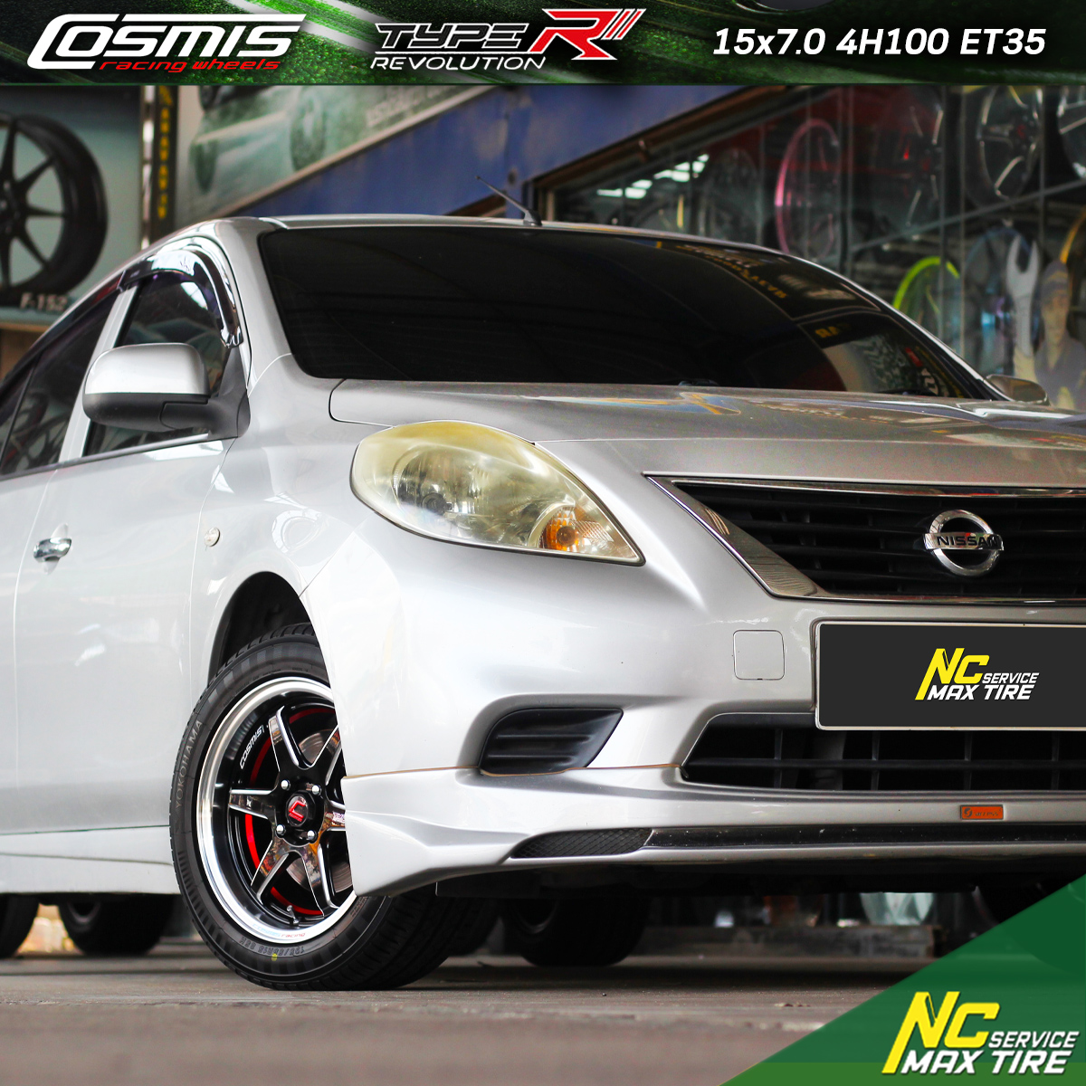 NCรีวิว.EP677 NISSAN ALMERA COSMIS : TYPE-R REVOLUTION 15x7.0 4H100 ET35 ล้อแม็กสีดำขอบเงาCNCข้างก้านเส้นใต้ทองแดง NCล้อแม็ก