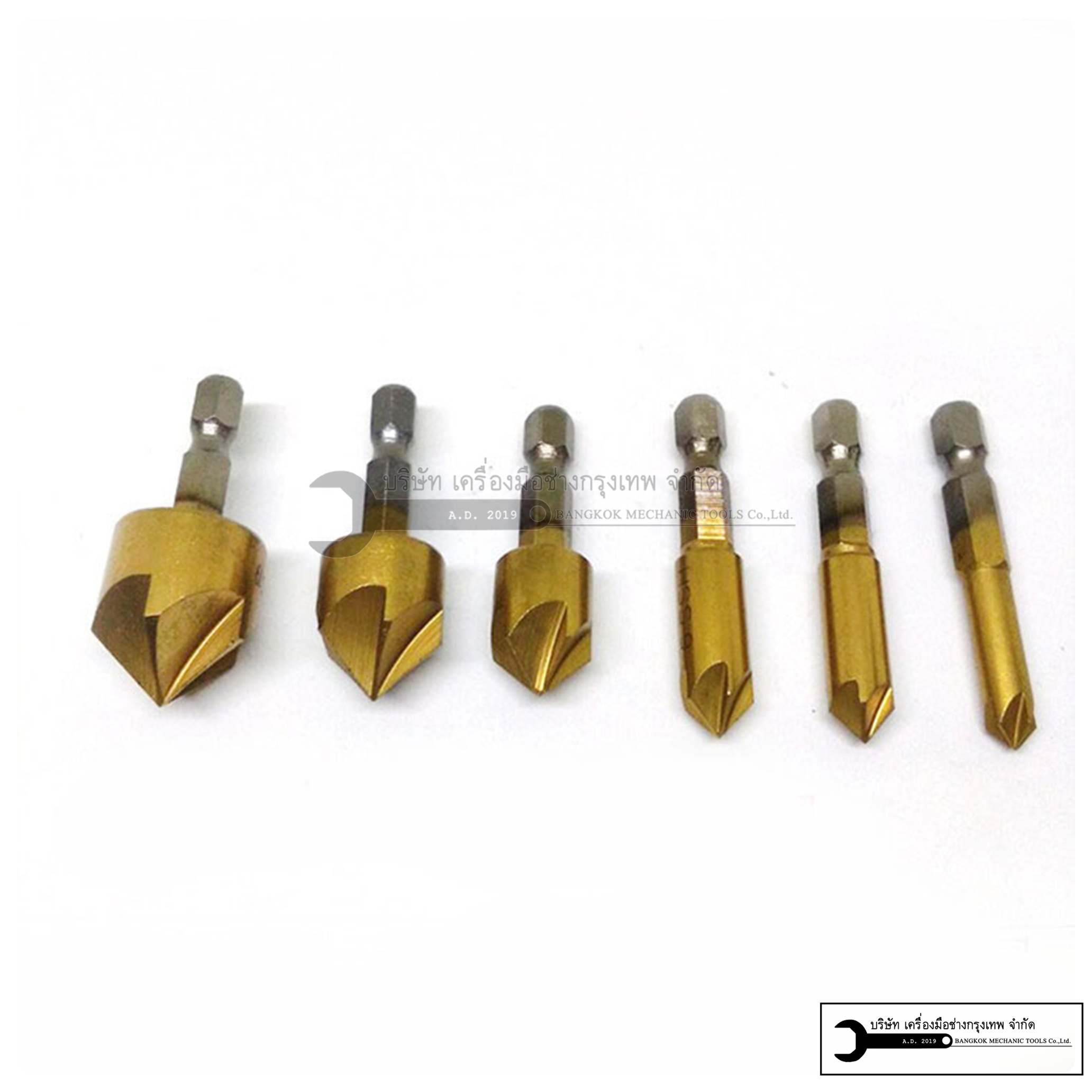 ดอกเจาะรูทองเหลือง ชุดดอกผายรู ดอกเจาะผาย แกนหกเหลี่ยม สวมเร็ว ซ่อนหัวน็อต สกรู สำหรับ งานไม้ พลาสติก แผ่น PVC 6 ชิ้น ขนาด 6-19 mm ชุดละ 5 ดอก