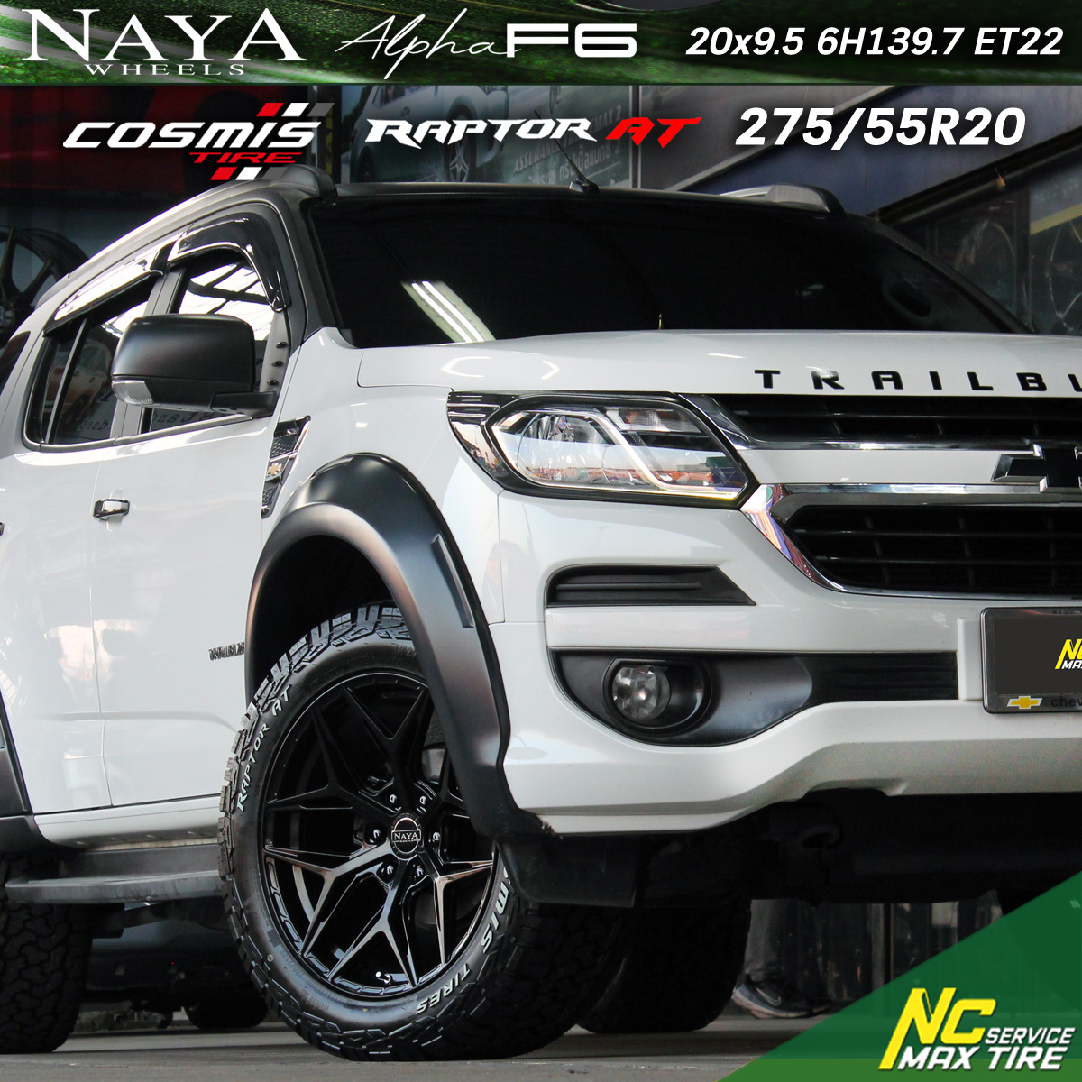 CHEVROLET TRIBRAZER / ล้อแม็กขอบ20 / Cosmis / NAYA / ALPHA-F6 / 20x9.5 6H139.7 ET22 / ล้อแม็กสีดำเงาทั้งวง / Raptor AT / 275/55R20