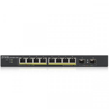 Zyxel GS1900-10HP 8-port GbE Smart Managed Desktop PoE Switch (77 Watt) with 2 GbE SFP ports รองรับ PoE มาตรฐาน 802.3at โดยจ่ายไฟต่อพอร์ตสูงสุดถึง 30W รองรับ การทำ VLAN, QoS, Link Aggregation, 802.1x, CPU defense engine และ DoS prevention
