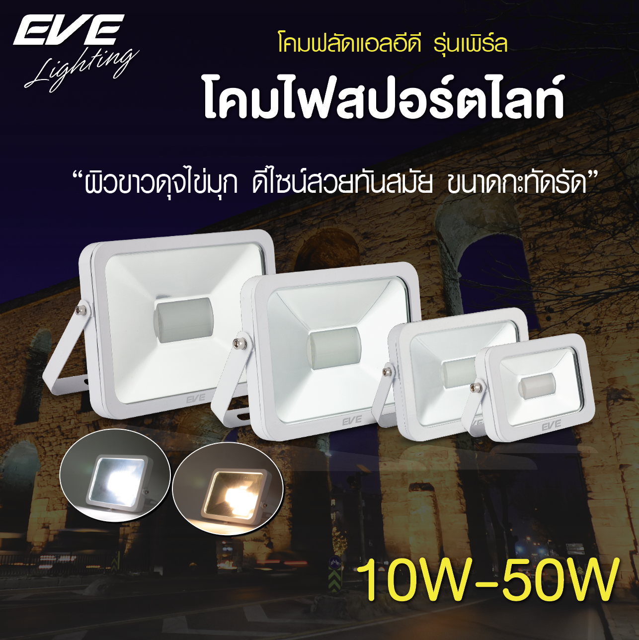 LED Floodlight Pearl 10,20,30,50W โคมฟลัดแอลอีดี รุ่น Pearl ตัวโคมสีขาว มีตั้งแต่ขนาด 10 วัตต์ จนถึงขนาด 50 วัตต์ ให้มุมกระจายกว้าง มาตรฐาน IP65 กันน้ำกันฝุ่น
