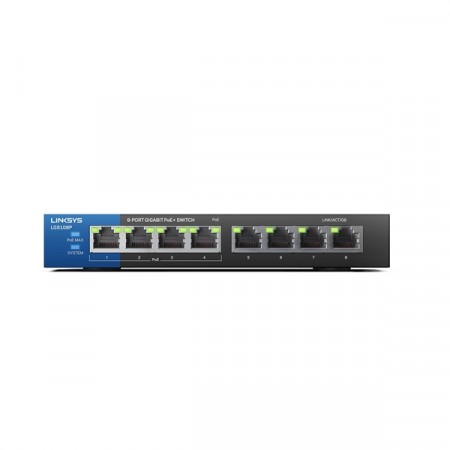 Linksys LGS108P Switch PoE 8-Port Gigabit Ethernet Unmanaged, Total Budget 50W, 16 Gbps Bandwidth, Metal Enclosure