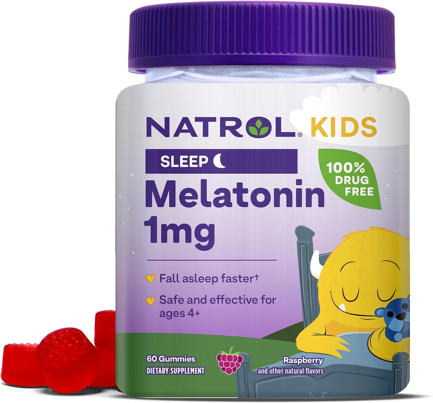 Natrol Kids Melatonin 1 mg เมลาโทนินเพื่อการนอนหลับสำหรับเด็ก เยลลี่รสราสเบอร์รี่ ขนาด 60 เม็ด