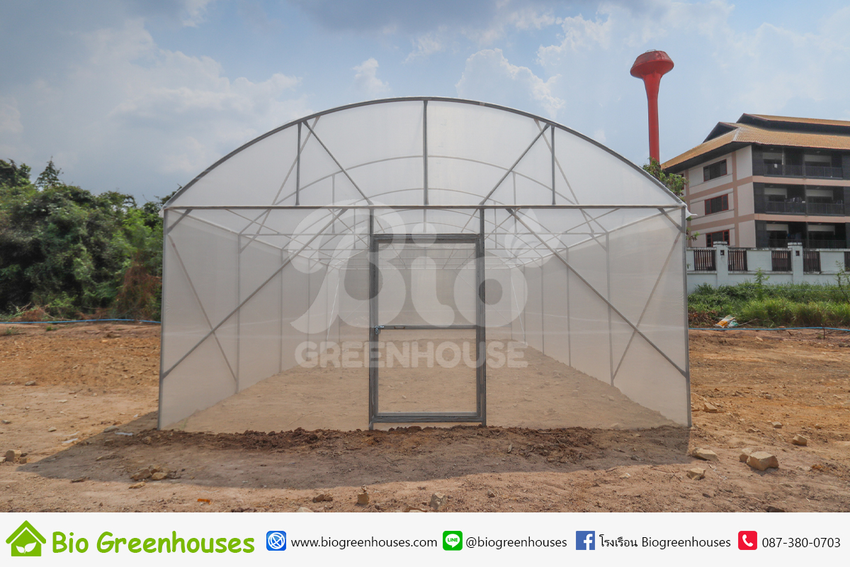 โรงเรือนเมล่อน ทรงจั่วโค้ง ขนาด 6x12ม. พร้อมราวแขวน 4หลัง จ.ชลบุรี