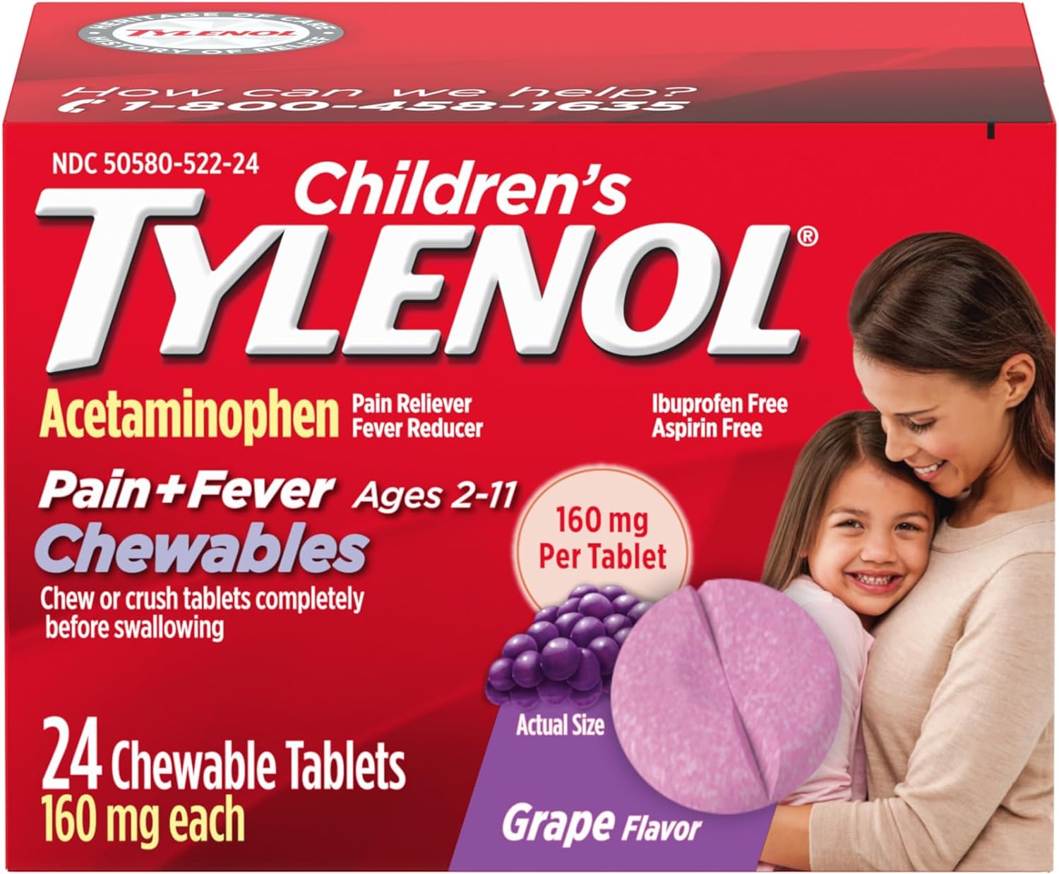 Tylenol Children's Pain Fever Chewable ยาแก้ปวด ลดไข้ สำหรับเด็กแบบเม็ดเคี้ยว 24 เม็ด
