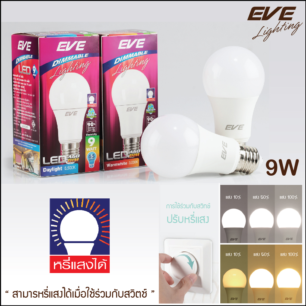 LED A60 Dimmable bulb 9W Daylight หลอดแอลอีดี A60 หรี่แสงได้ ใช้ร่วมกับสวิตซ์ดิม ขนาด 9 วัตต์ แสงขาวเดย์ไลท์