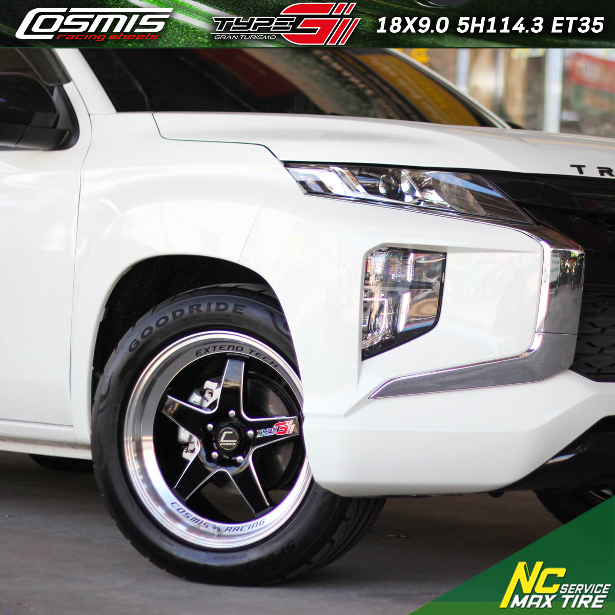 Mitsubishi Triton ตัวเตี้ย / ล้อแม็กขอบ18 / 5รู / Cosmis / TypeG / GrandTurismo / ล้อแม็กสีดำขอบเงามิลลิ่งข้างก้าน / 18x9.0 5H114.3 ET35