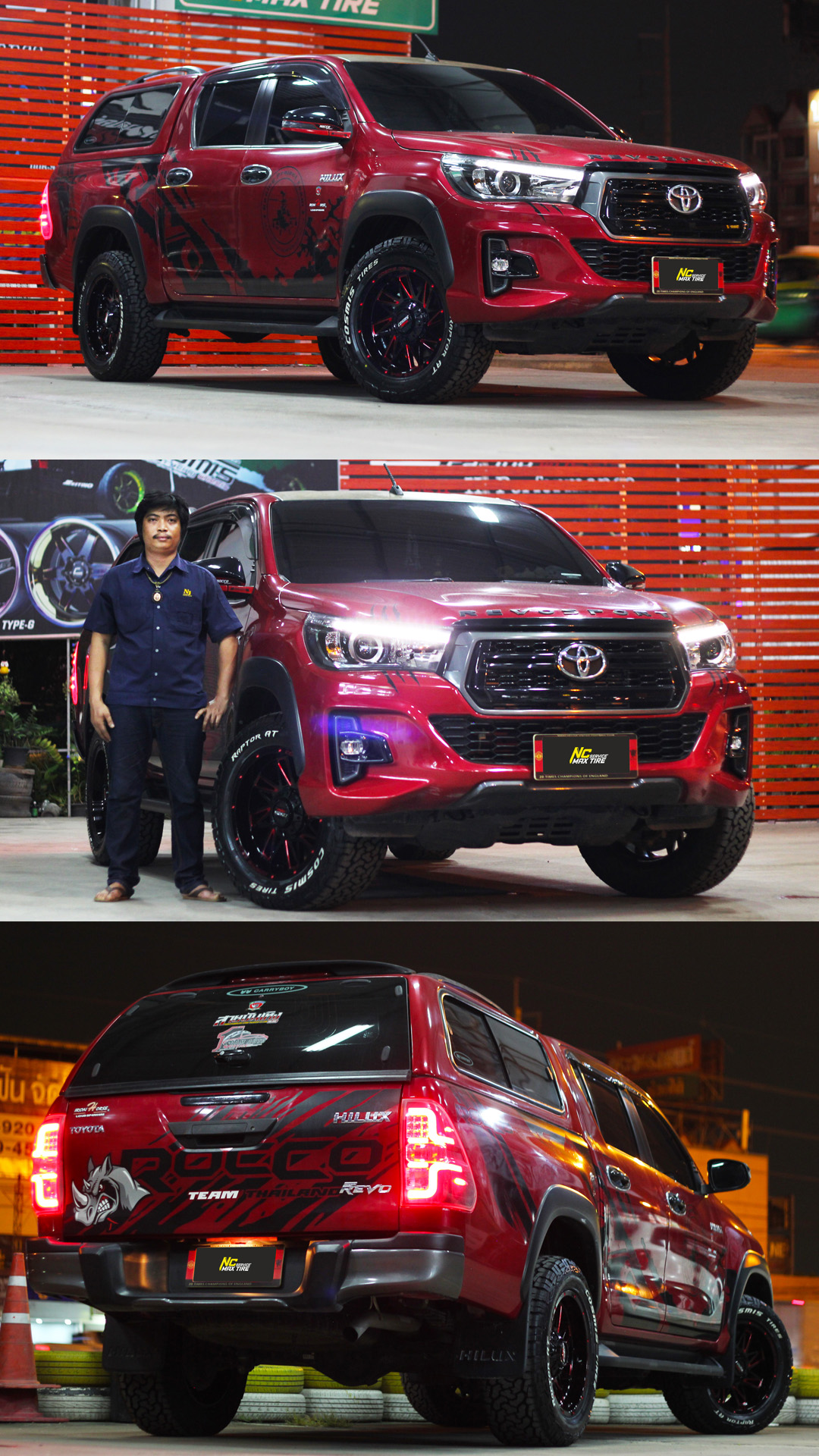 Toyota Hilux Revo Rocco / ล้อแม็กขอบ18 / Cosmis / Devil / SPIN-82 / 18x9.0 2X130H139.7 ET0 / สีดำCNCข้างก้านแดง+CNCตัวหนังสือ / Raptor AT / 265/60R18 / OffRoad