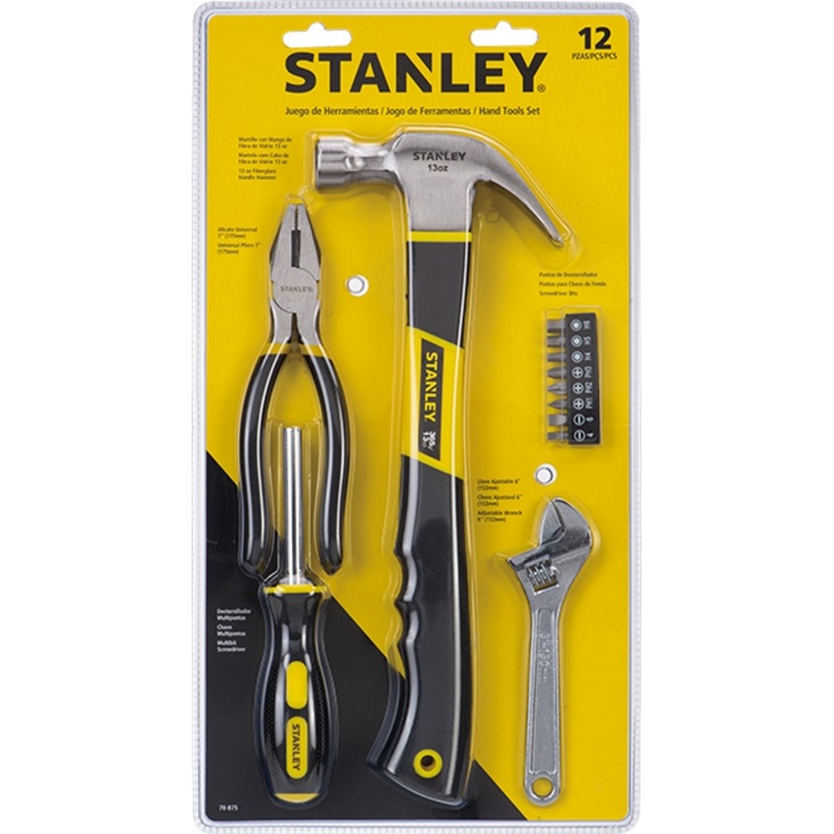 STANLEY ชุดเครื่องมือ 12 ชิ้น (สแตนเล่ย์) รุ่น 70-875 ค้อนหงอนไฟเบอร์ ,ประแจเลื่อน
