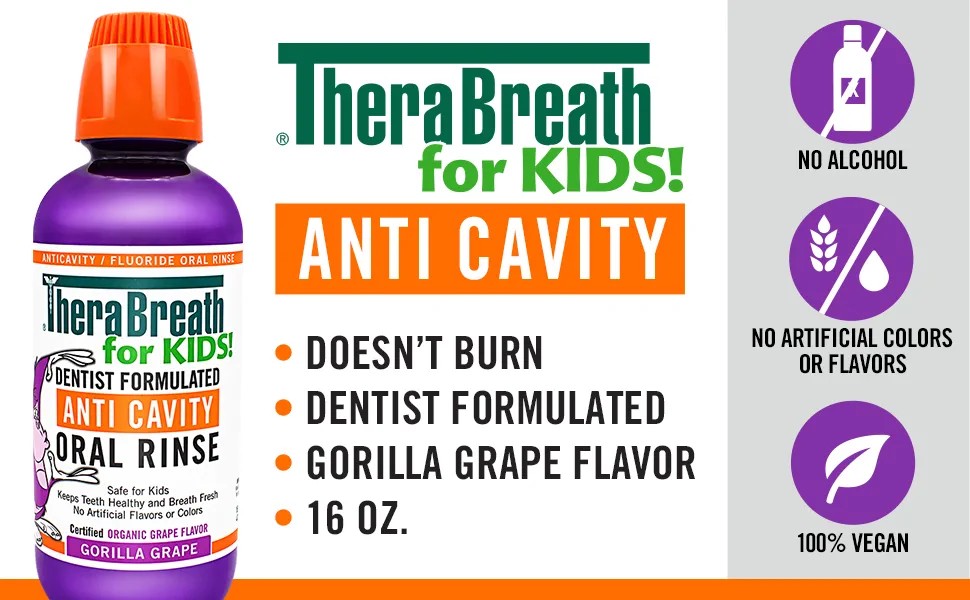 น้ำยาบ้วนปากป้องกันฟันผุสำหรับเด็ก TheraBreath for Kids Dentist Formulated Anti-Cavity Oral Rinse, Organic Gorilla Grape