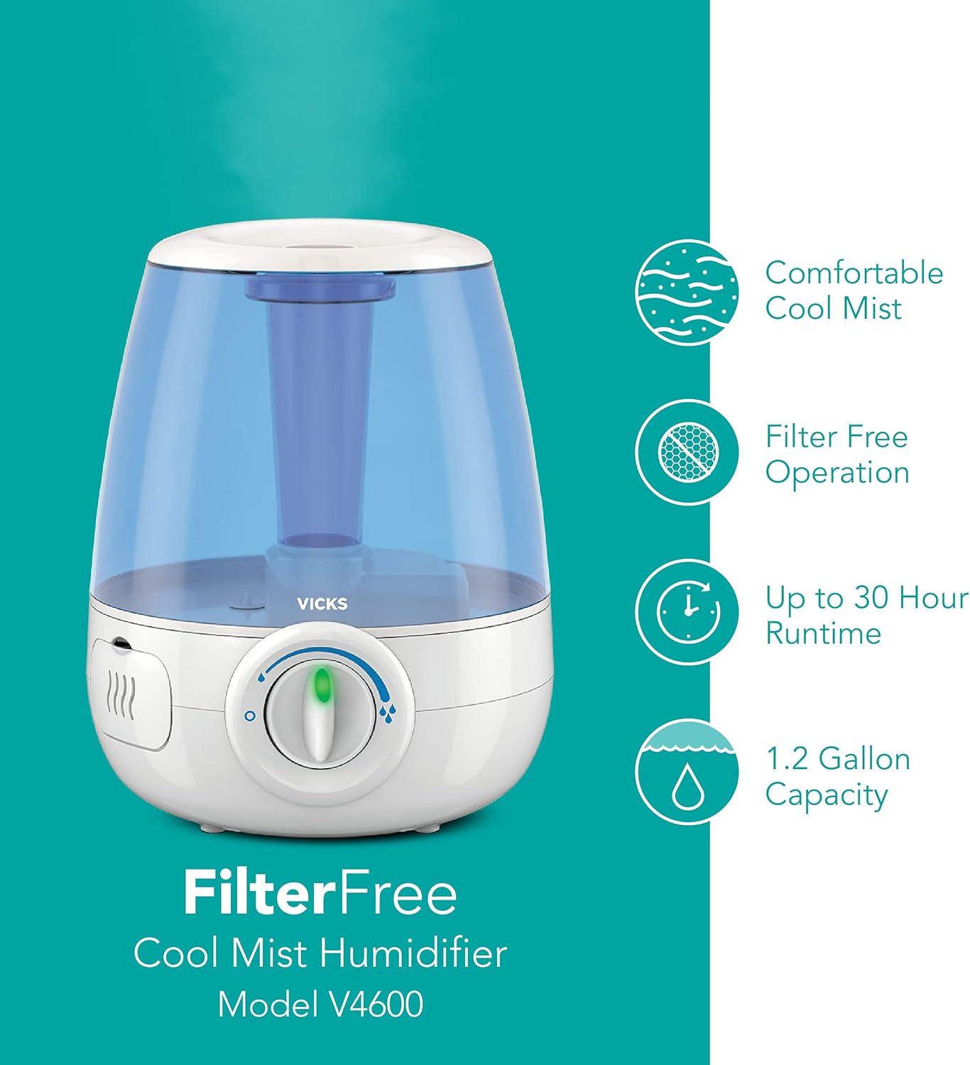 Vicks Filter-Free Cool Mist Humidifier รุ่น V4600 เครื่องทำความชื้น ระบบอัลตราโซนิก พร้อมที่แปลงไฟ