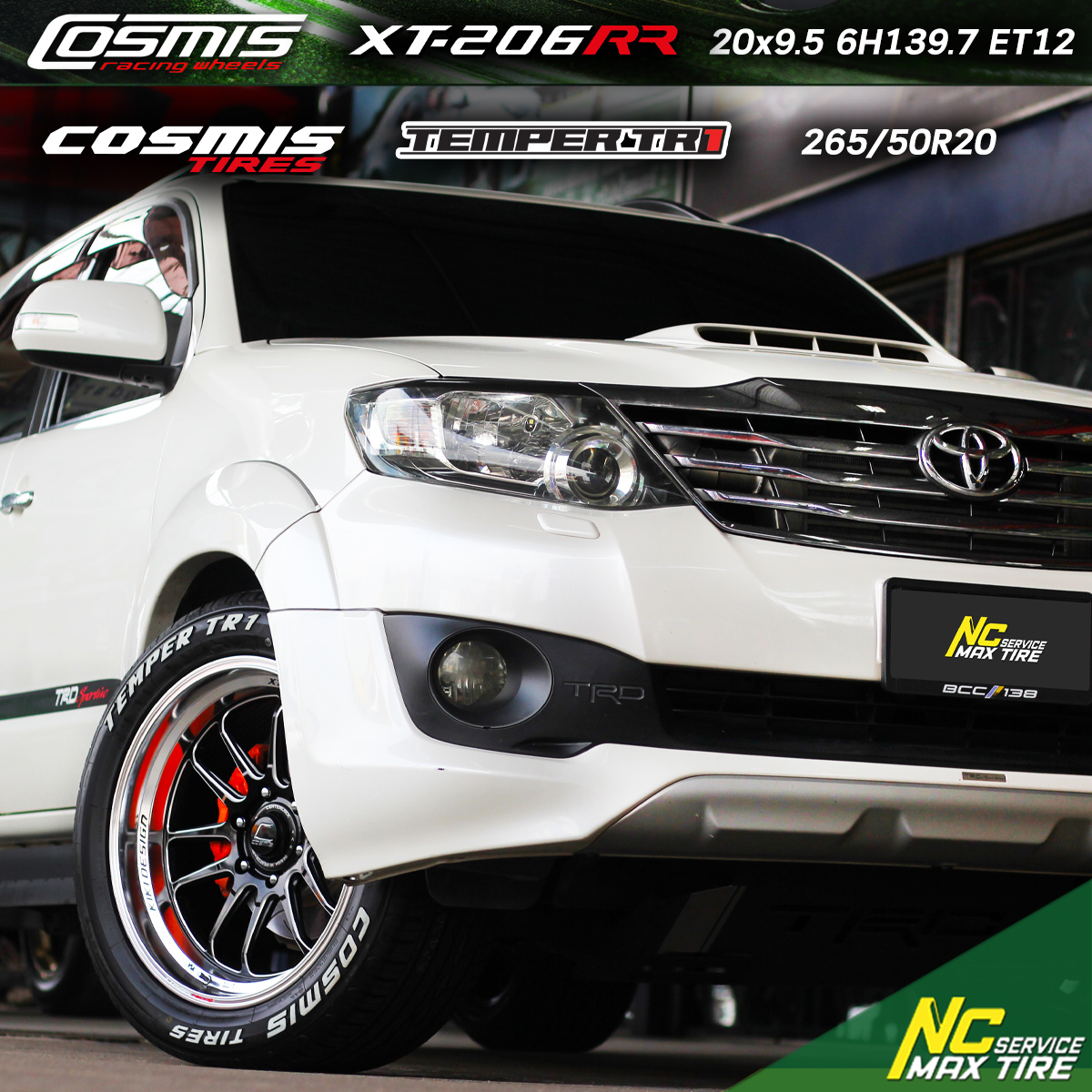 NCรีวิว.EP676 TOYOTA FORTUNER COSMIS : XT-206R 20x9.5 6H139.7 ET12 ล้อแม็กสีดำขอบเงาCNCข้างก้าน COSMIS TIRE TEMPER TR1 265/50R20 NCล้อแม็ก