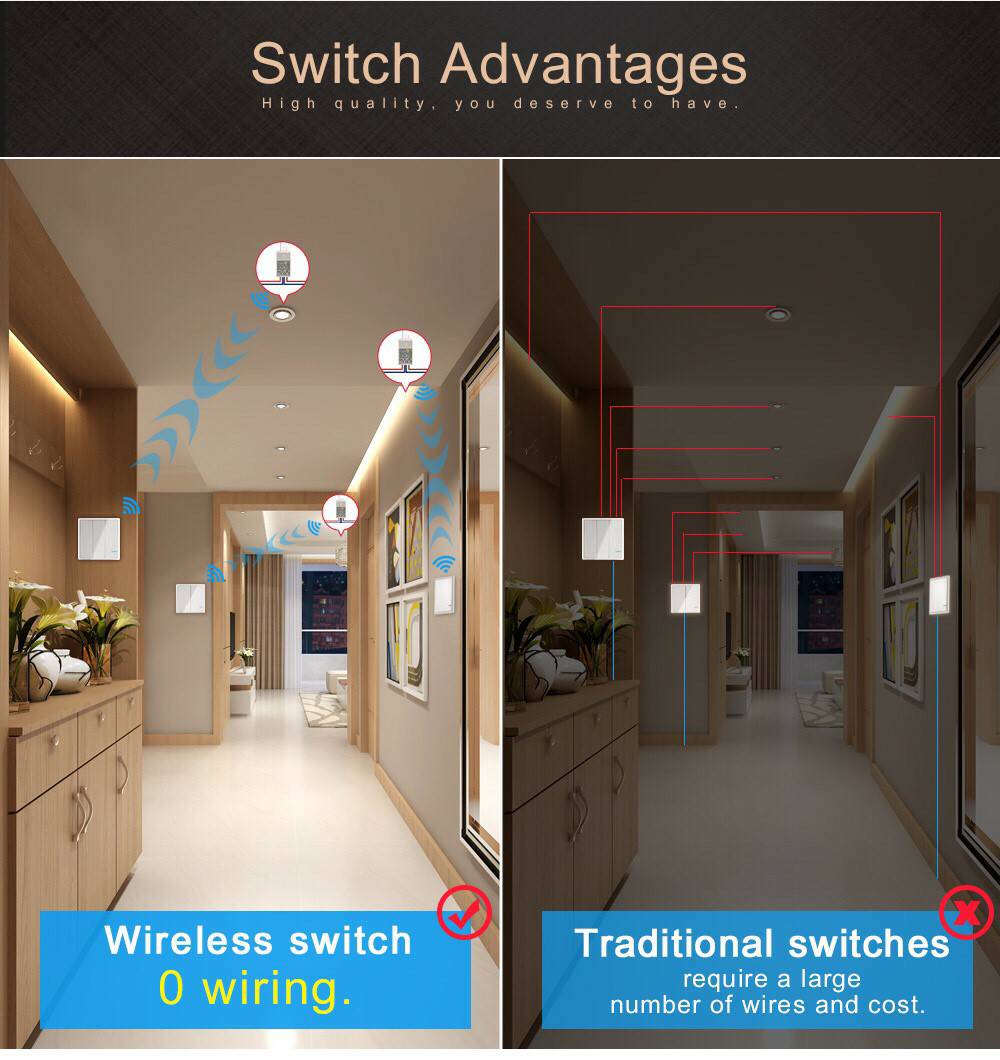 Wireless Switch สวิตช์ไร้สายอัจฉริยะ แบบ 1 ช่อง 2 ช่อง และ 3 ช่อง ไม่ต้องเดินสายไฟ ติดตั้งง่าย